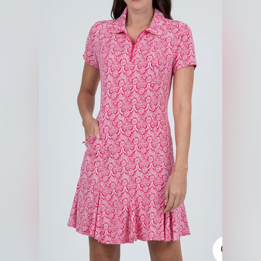 NWOT Ibkul Sporty Golf Polo Dress ~ SPF 50 ~ Pockets ~ Watermelon Pink ~ Small